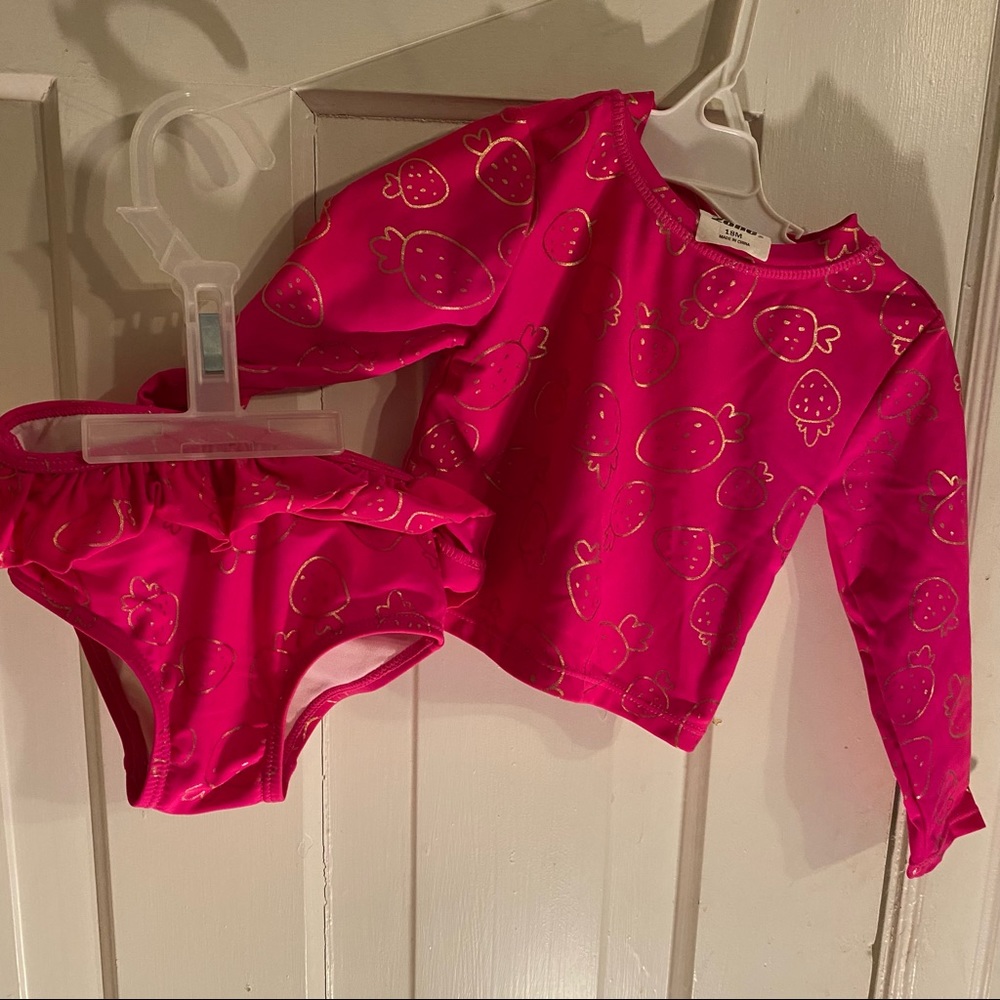 Pink and gold strawberry print swim suit